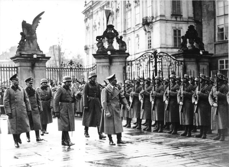 Adolf Hitler reviewing German troops at Prague Castle