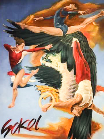The painting by Stephen Bar, a gift to Jerry Milan, depicts Sokol gymnasts soaring along with the falcon, Sokol’s symbol.