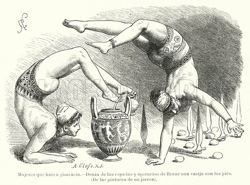Women performing gymnastics in Ancient Greece: sword dance and filling a vessel using the feet